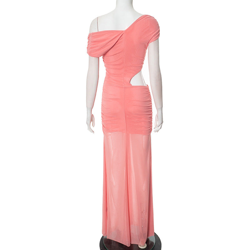 Spring Elegant Solid Color Slash Shoulder Sleeveless Long Dress 14