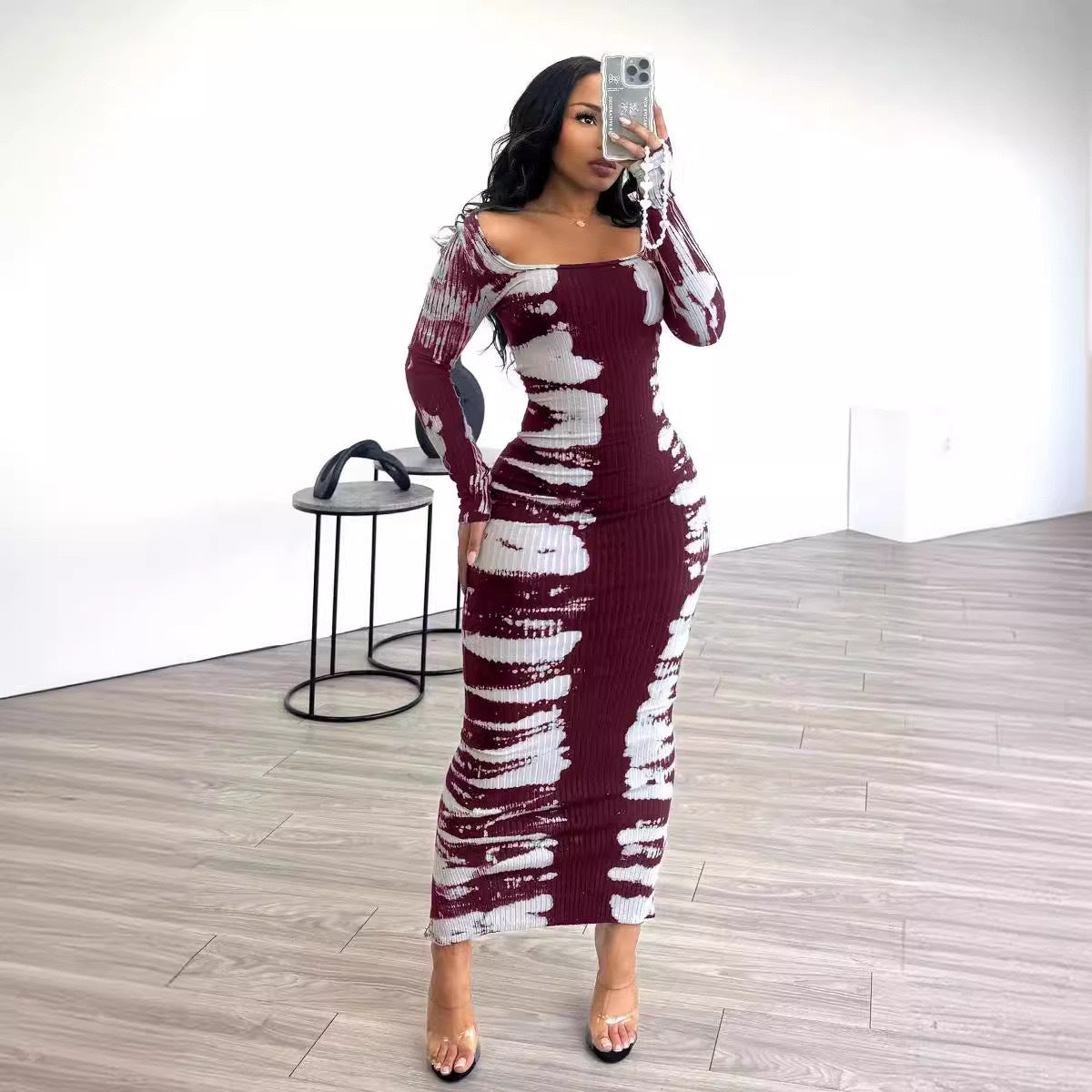 Women Printed Long Sleeve Square Neck Sexy Bodycon Dress 9