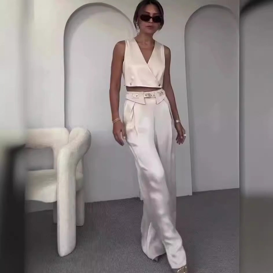 Summer women's solid color v-neck vest wide-leg trousers fashion set