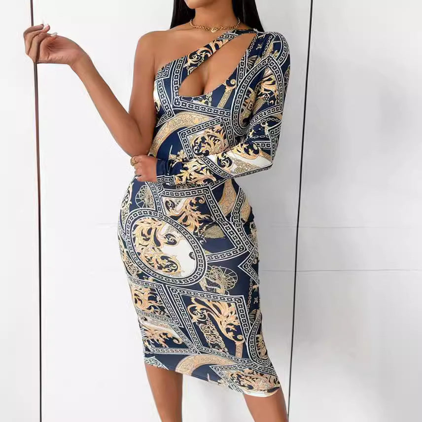 Spring Women's Print Hollow Slash Shoulder Bodycon Dress 6