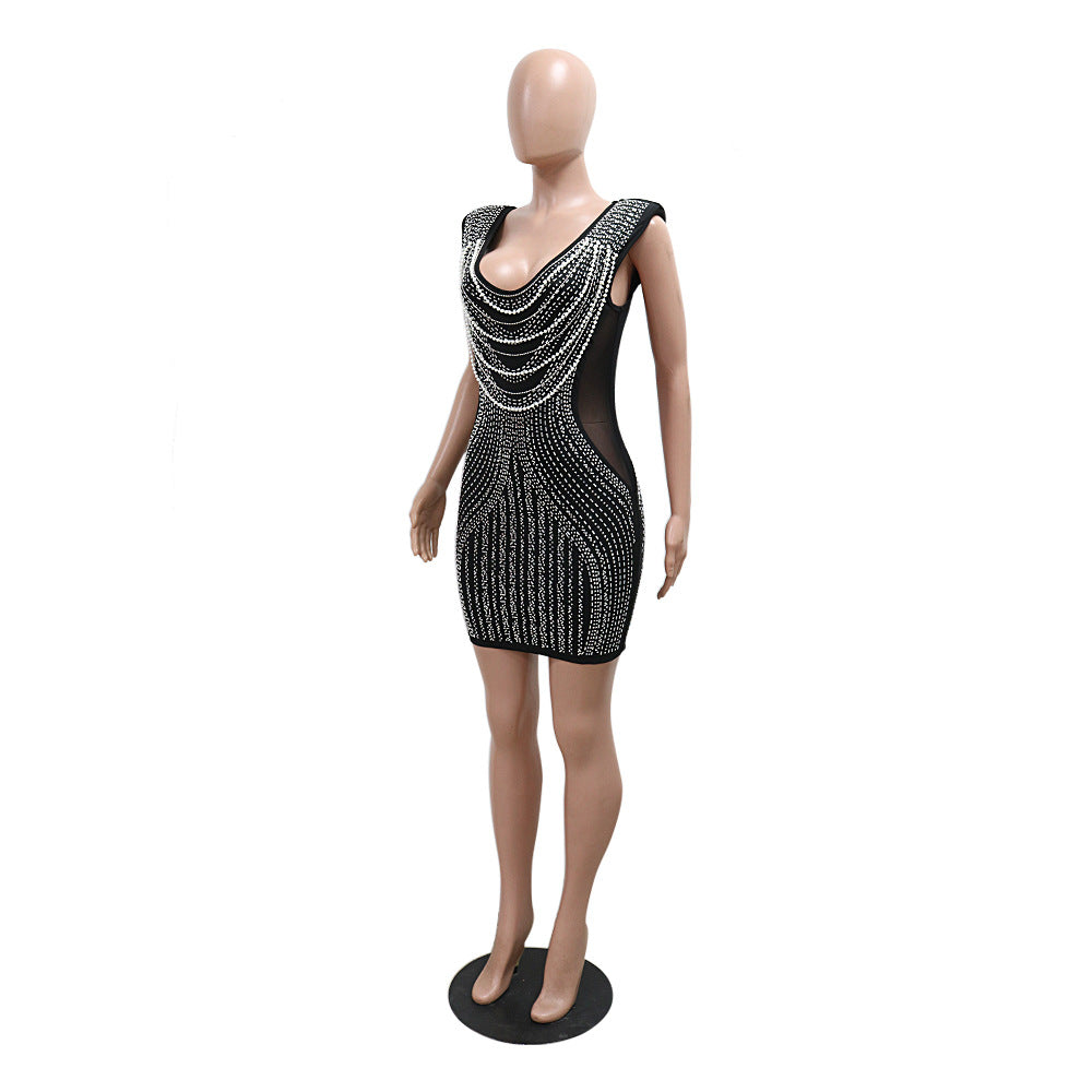 Women V-neck Sleeveless Bodycon Beaded Dress 13