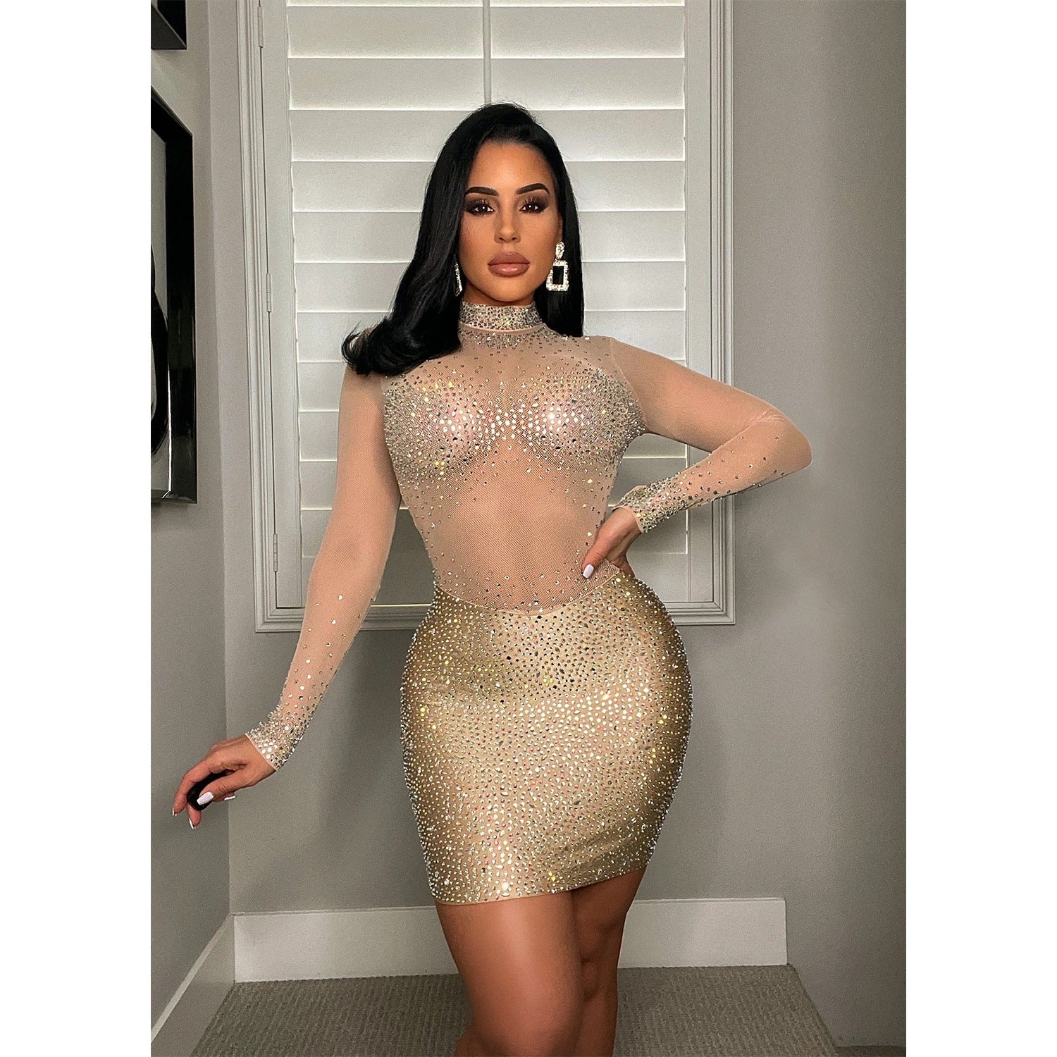 Autumn Women'S Fashion Sexy Mesh Long Sleeve Rhinestone Beaded Bodycon Club Dress 4