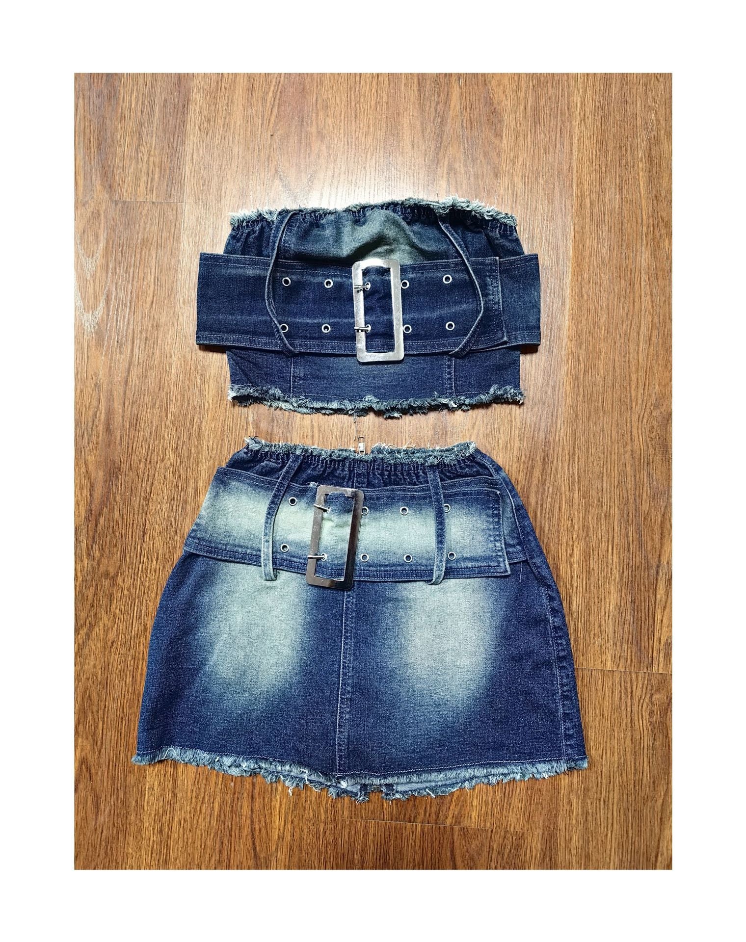 Summer Strapless Belt Elastic Denim Skirt Set 12