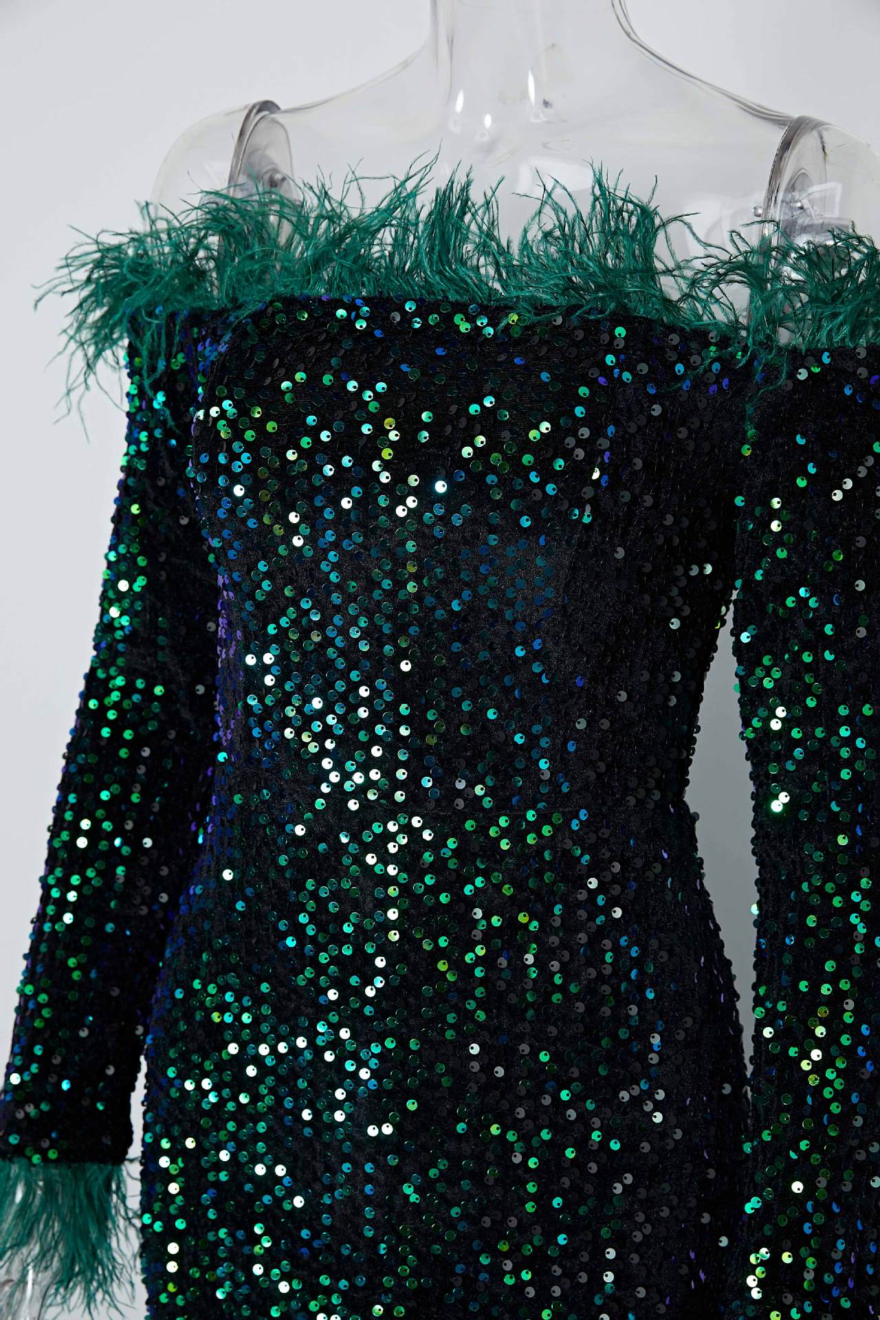 Sequin Mermaid Evening Dress Female Feather Off Shoulder Long Sleeve Formal Party Long Dress 6
