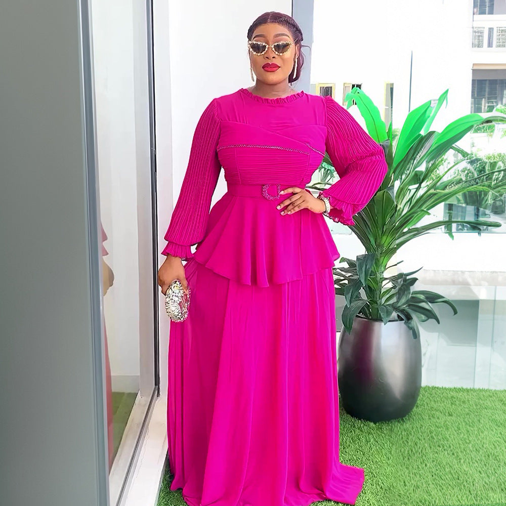 Plus Size African Women ruffle patchwork pleated long-sleeved dress 3