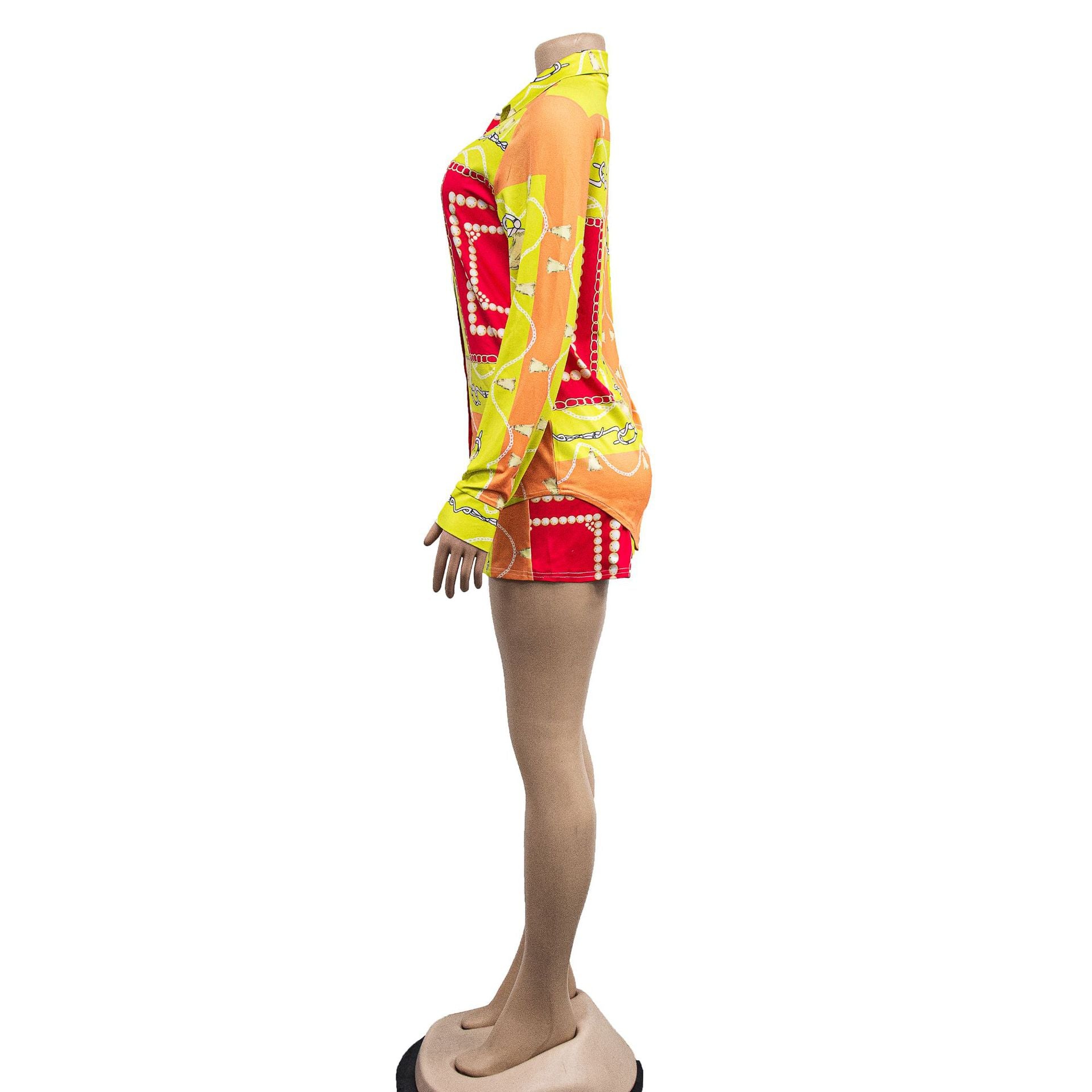 Ladies' Fashion Colorblock Turndown Collar Long Sleeve Shirt Shorts Two Piece Set 14