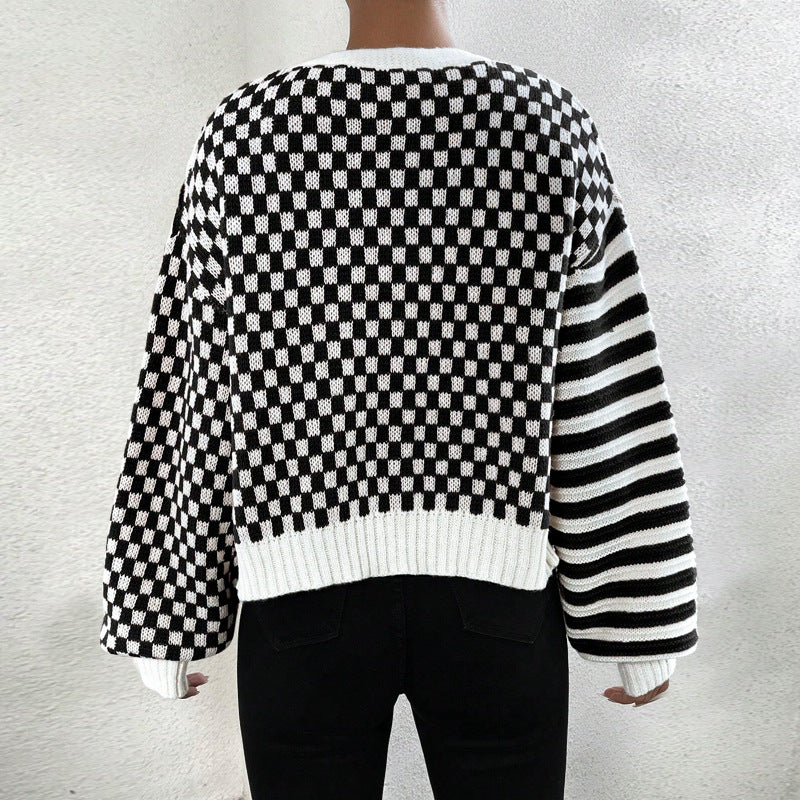 Autumn And Winter Sweater Women's Plaid Patchwork Striped Knitting Coat