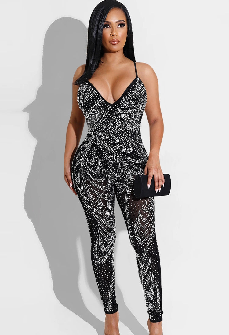 Summer Party Black Beaded Halter Bodycon Jumpsuit