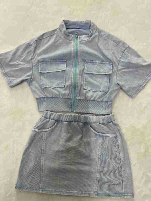 Women casual washed patchwork pocket top and skirt two-piece set 18