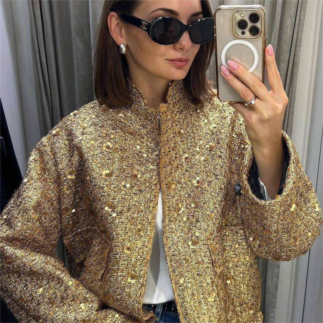 Autumn And Winter Women's Pocket Embroidered Sequined Jacket 5