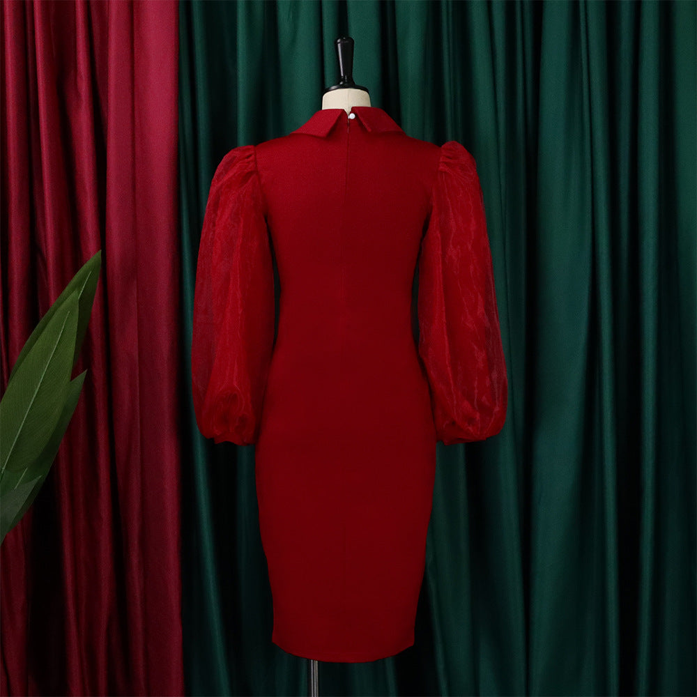 Women'S Spring Autumn Long Sleeve Plus Size Beaded Mesh Patchwork Career Bodycon Pencil Dress 9