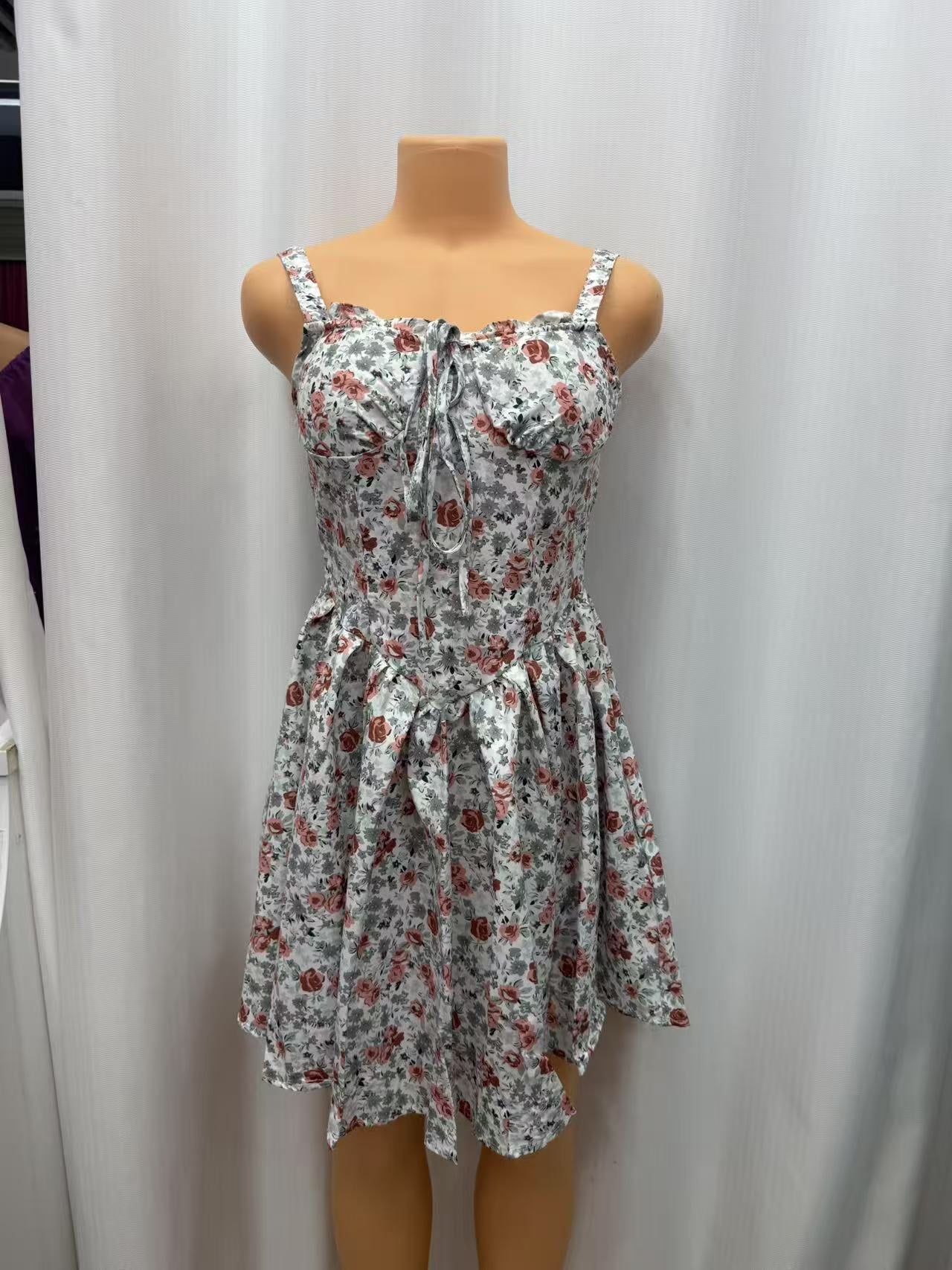 Women printed suspenders floral irregular dress 4