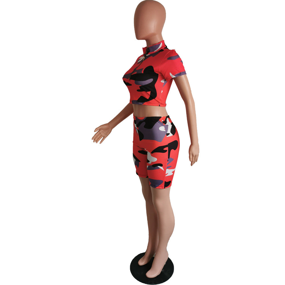 Women's Sexy Camouflage Short Sleeve Zipper High Waist Two-Piece Set 19