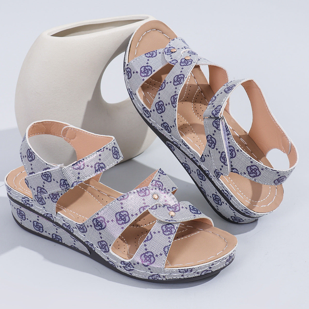 Summer Round Toe Wedge Ankle Strap Printed Sandals 10