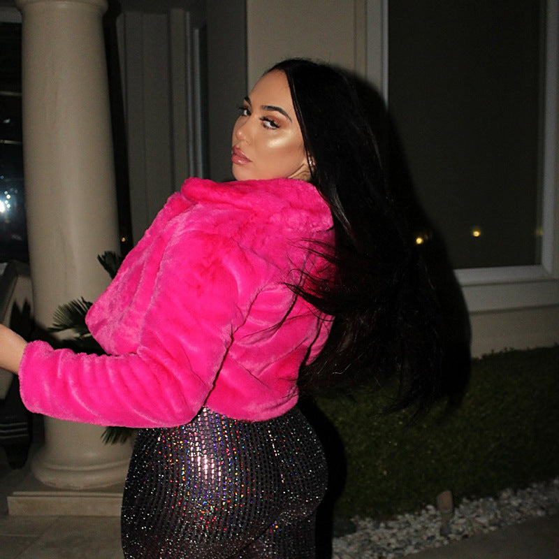 Women Sexy Solid Candy Color Faux furryCrop Jacket 15