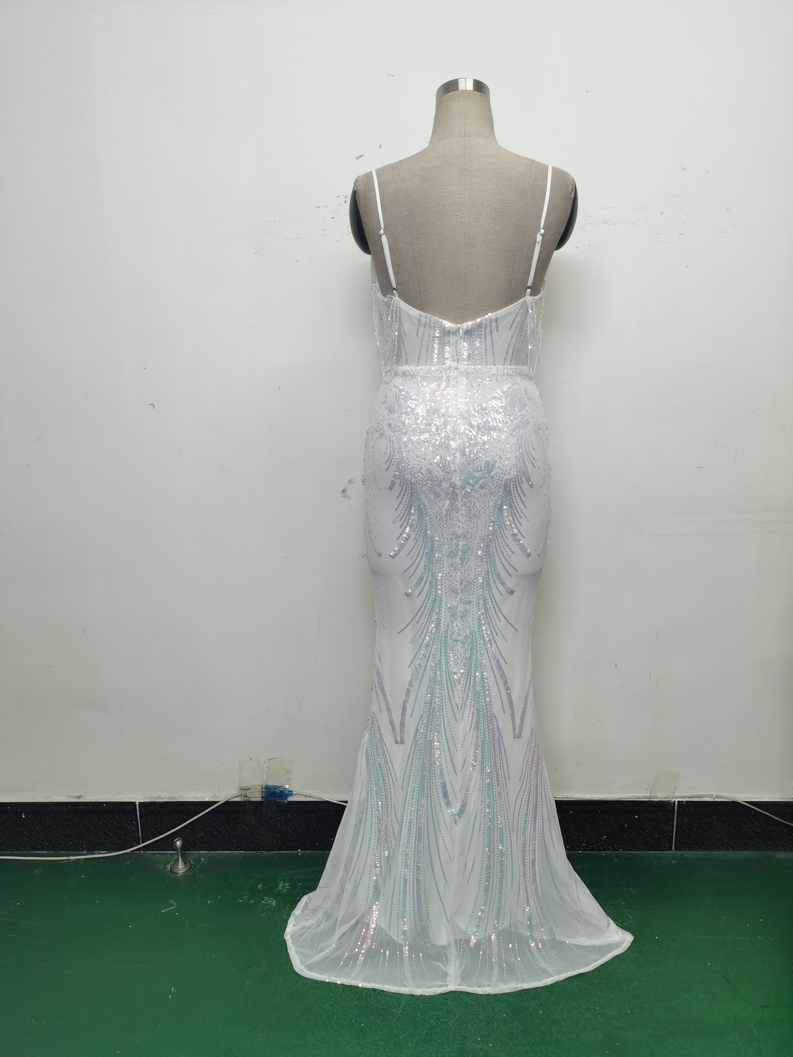 Fishbone Slim Waist Sexy Rhinestone Chain Strap Evening Dress 37