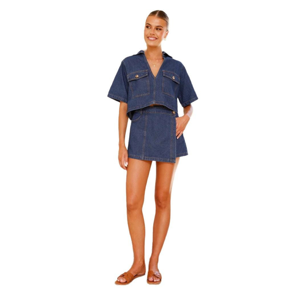 Summer Loose Irregular Short-Sleeve V-Neck two Denim Shorts set 7