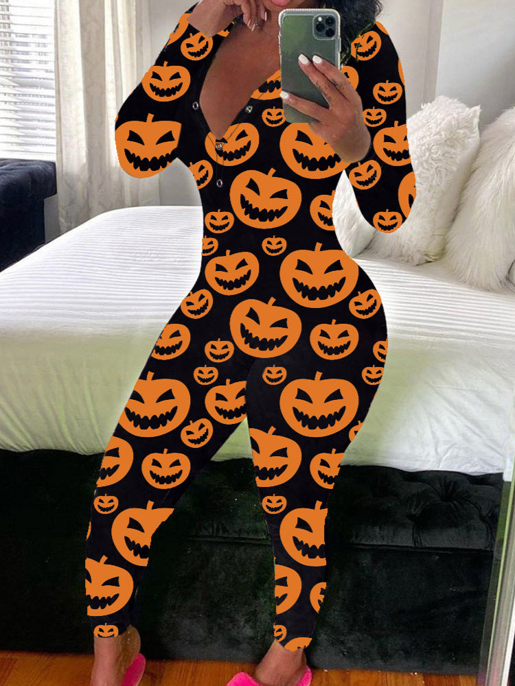 Women's Sexy Fashion Pattern Print Deep V-Neck Long Sleeve Tight Slim Jumpsuit 17