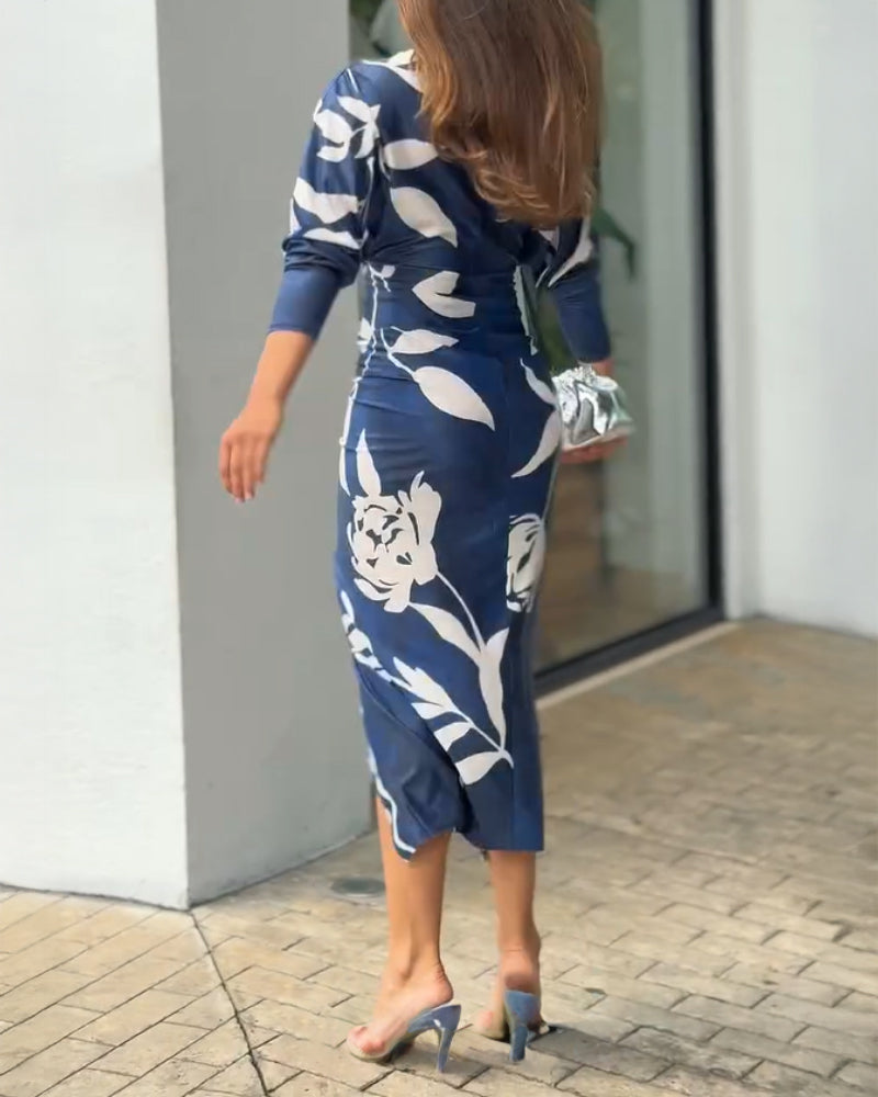 Fashion Tropical Leaf Print V-Neck Slim Waist Slit Long Sleeve Dress