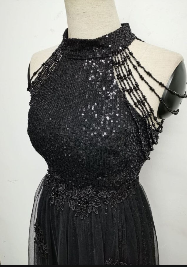 Summer Occassional Blue Sequin Mesh Patch Halter Evening Dress 9