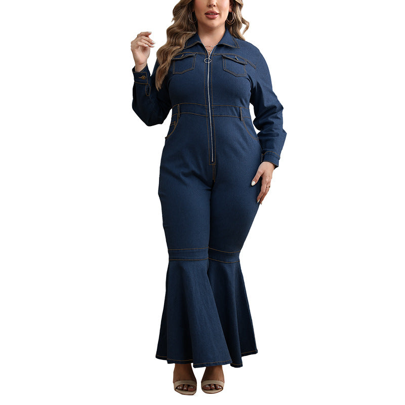 Plus Size Women's Zipper Turndown Collar Long Sleeve Bell Bottom Denim Jumpsuit 7