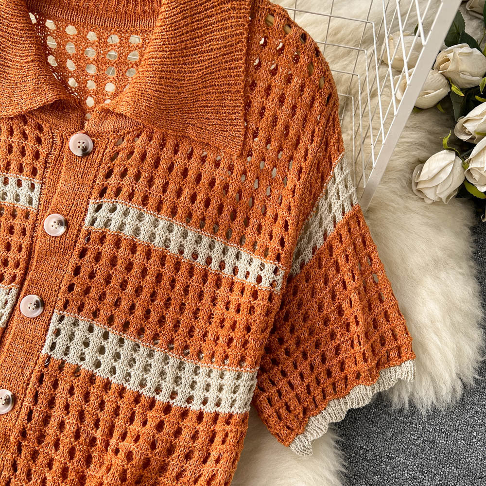 Spring/Summer Holidays Set for Women Turndown Collar Short-Sleeve Loose Top + Slit Skirt Two-Piece Set 15