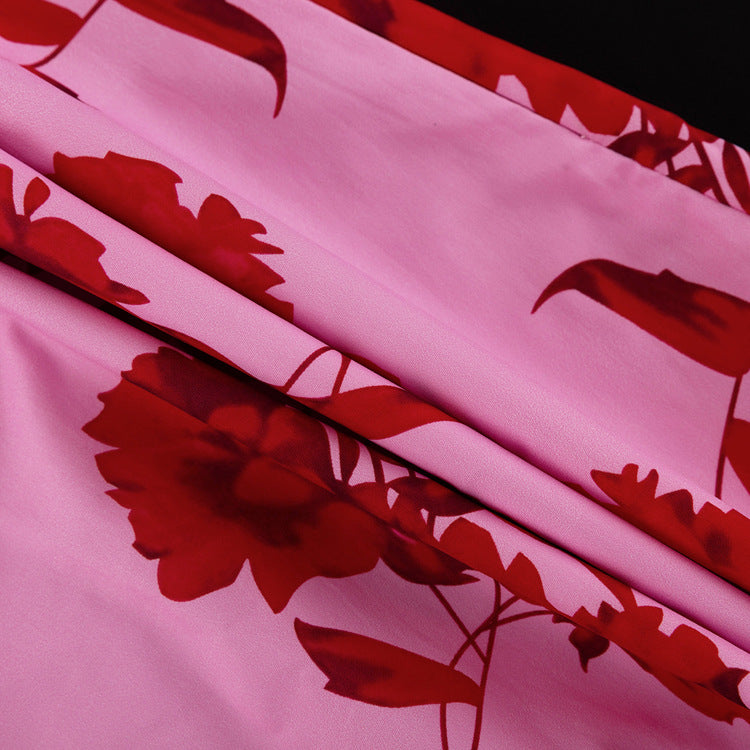 Fashion Print Turndown Collar Long Sleeve Shirt High Waist Split Short Skirt Two Piece Set 18