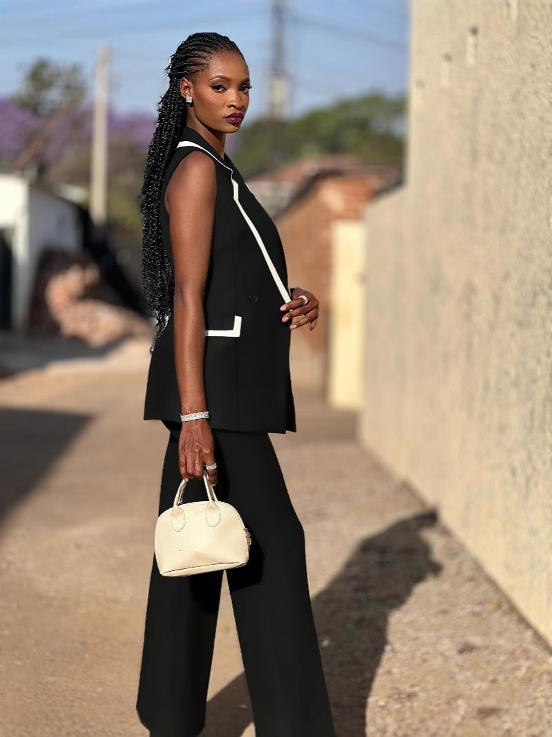 Women's Sleeveless Patchwork Contrast Color Vest Pants Two Piece Set 3