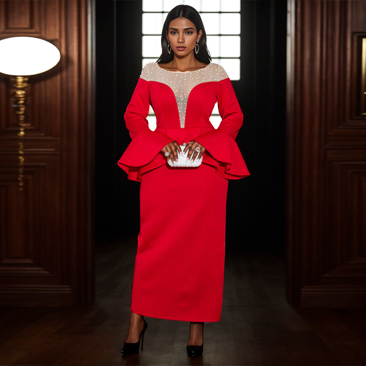 Round Neck See-Through Beaded Flare Sleeve Sexy Peplum Dress 3