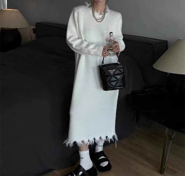 Long Ripped Raw Edge Knitting Dress Women's Autumn And Winter Loose Long Sleeve Basic Shirt 3