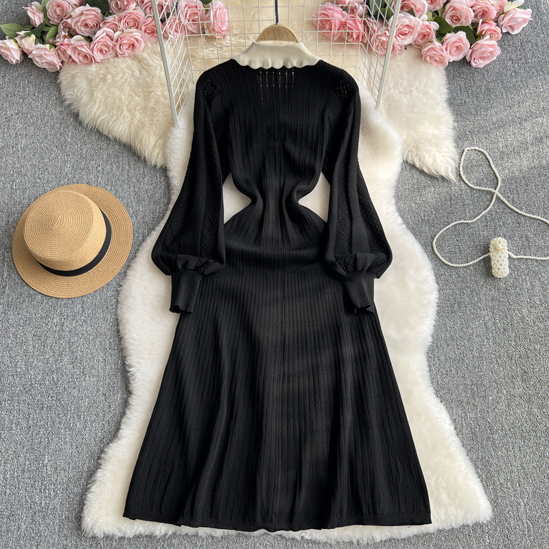 Women French knitting dress season Turndown Collar lantern sleeve long skirt 4