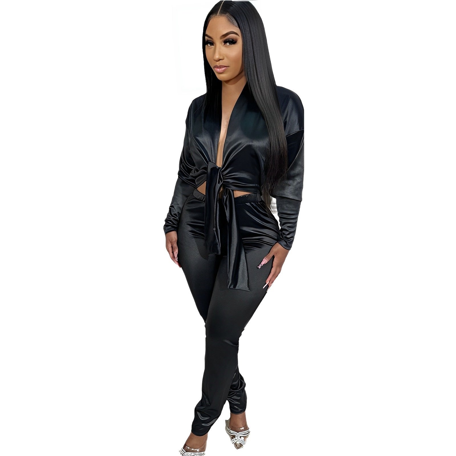 Women Sexy V-Neck Long Sleeve Top and Pant Two-Piece Set 6