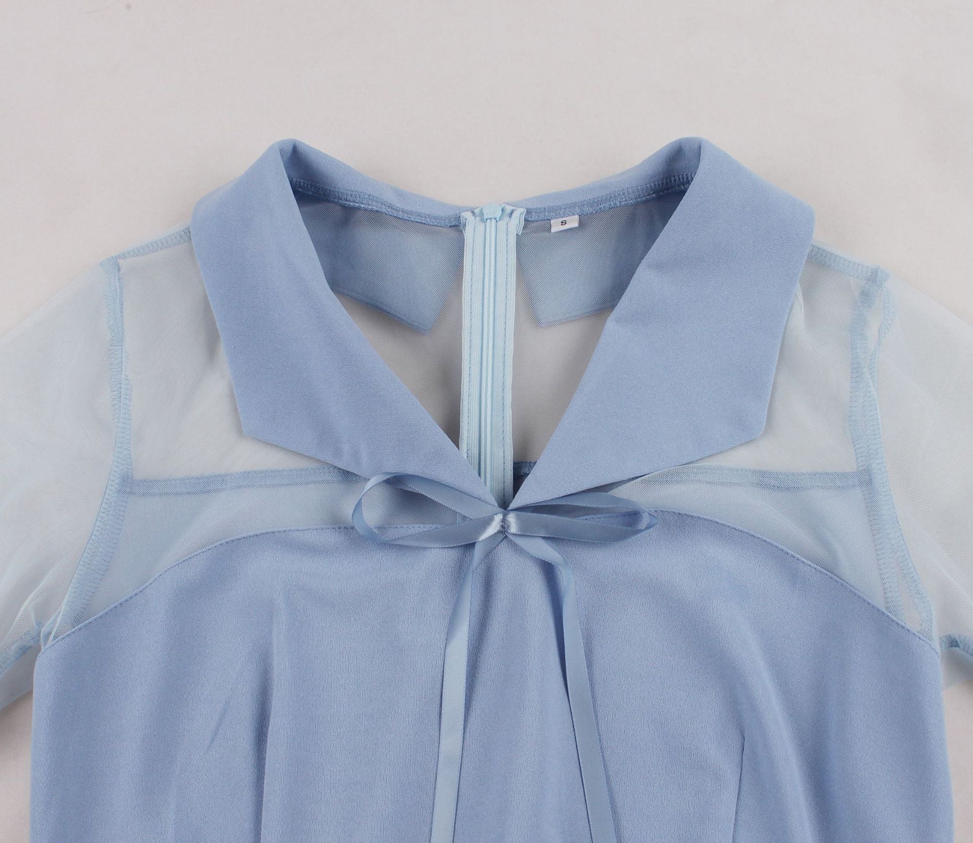 Women's Slim Waist Turndown Collar Bow Short Sleeve Chic Elegant A-Line Dress 20