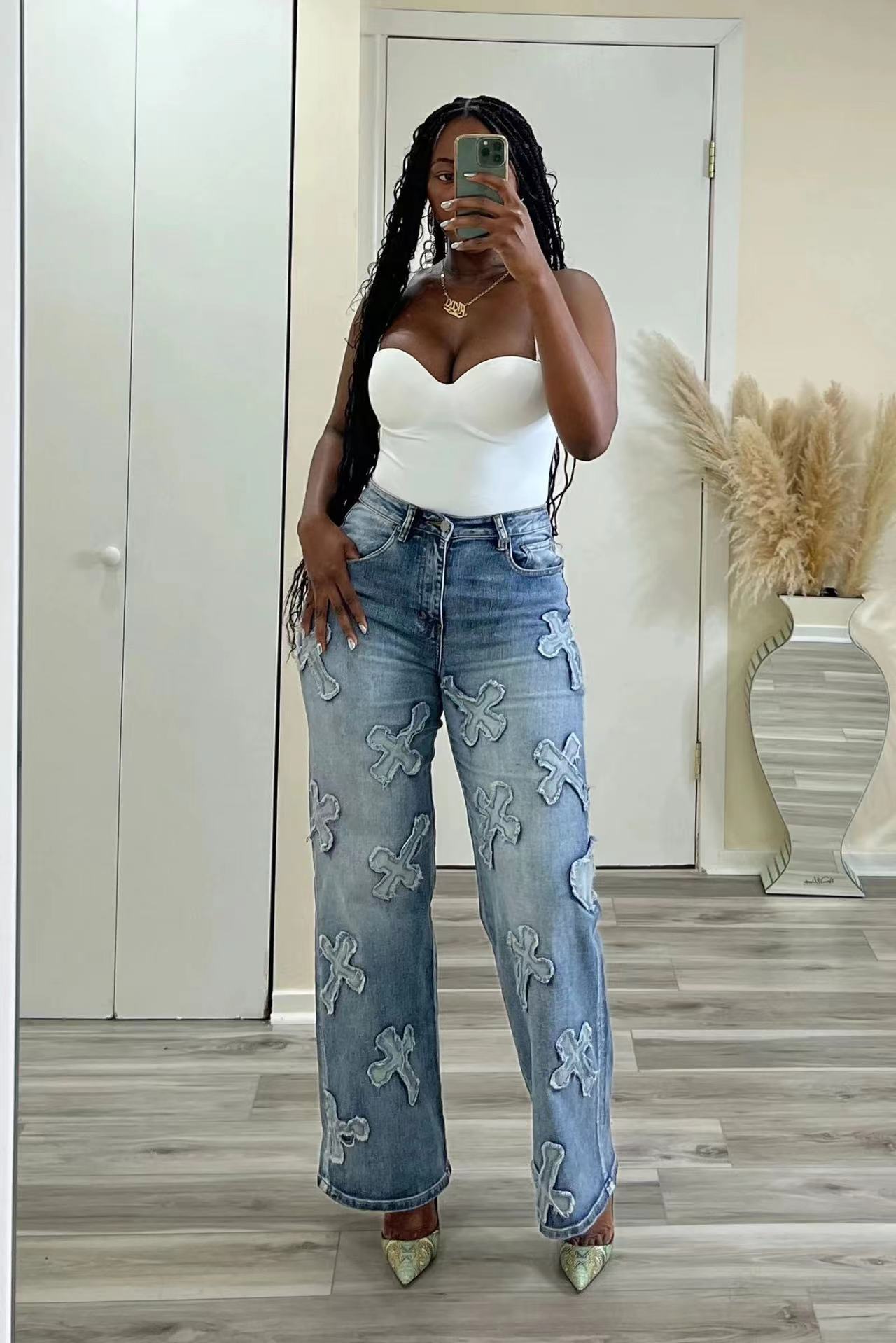 Women autumn tassel cross washed Denim Pants 3