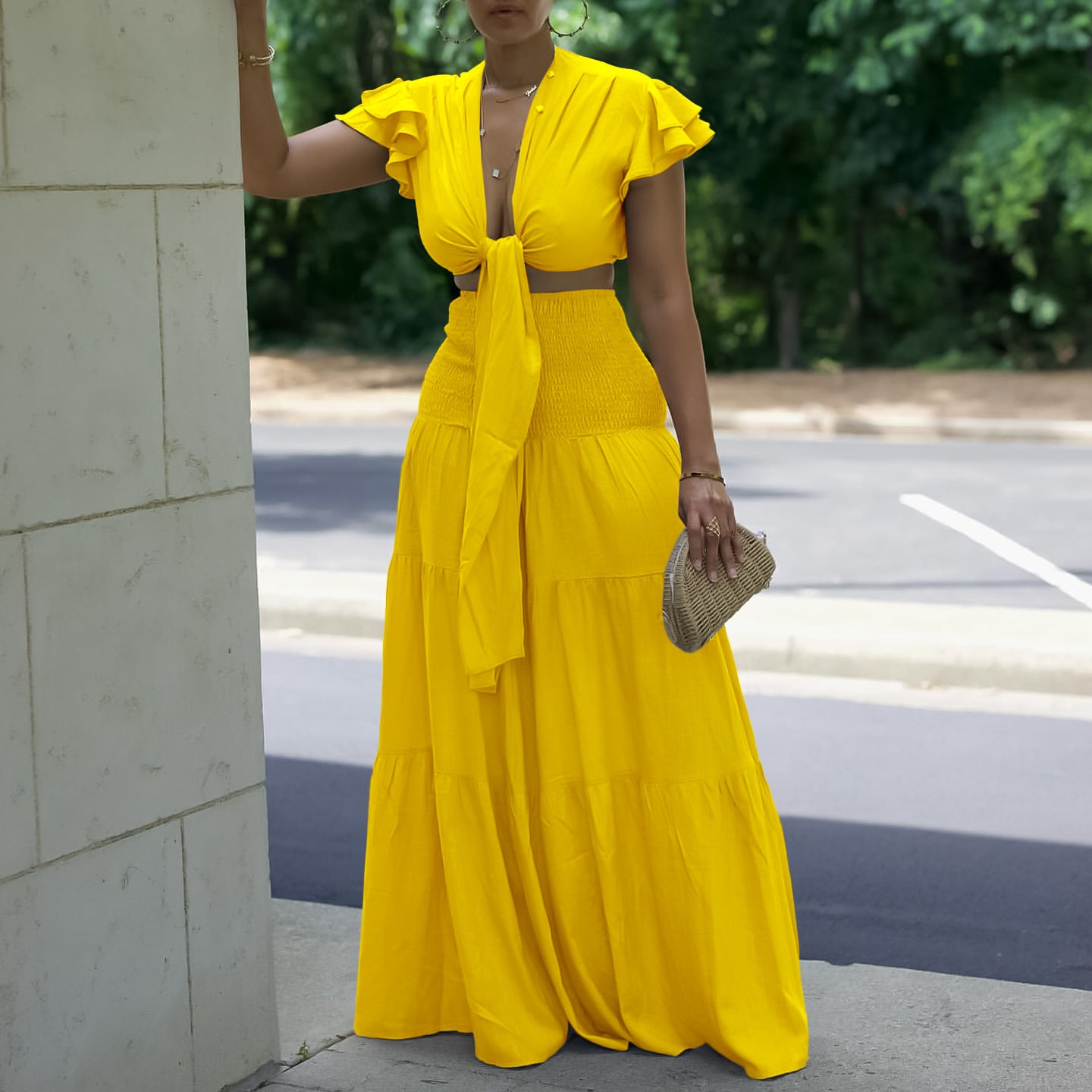 Plus Size Women Short Sleeve Lace-Up Top And Wide Leg Pants Two-Piece Set 9