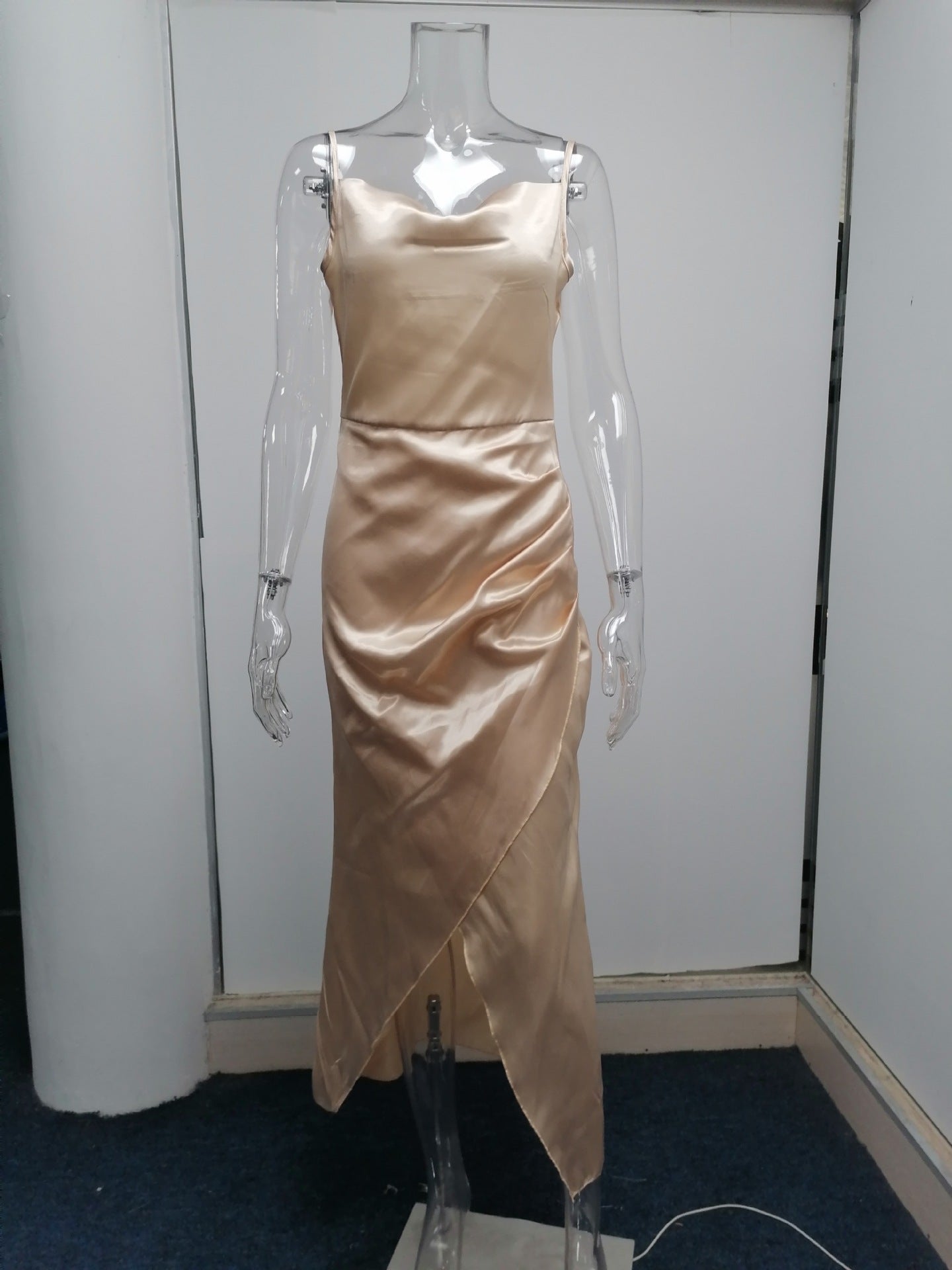 Sexy Low Cut Satin Slit Strap Dress Slim Fit Low Back Maxi Dress 24