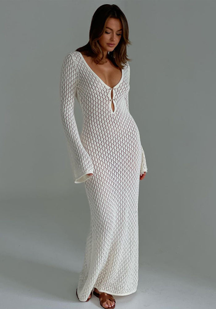 Women V-neck hollow knitting long-sleeved dress