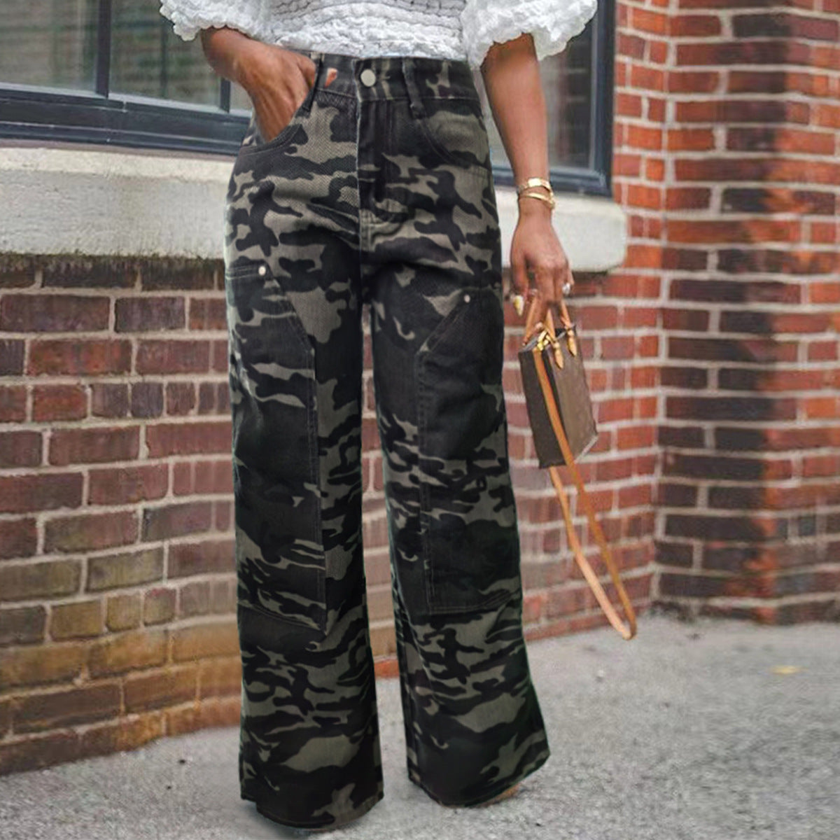Women Pocket Cargo trousers Camouflage Straight Washed Denim Pants