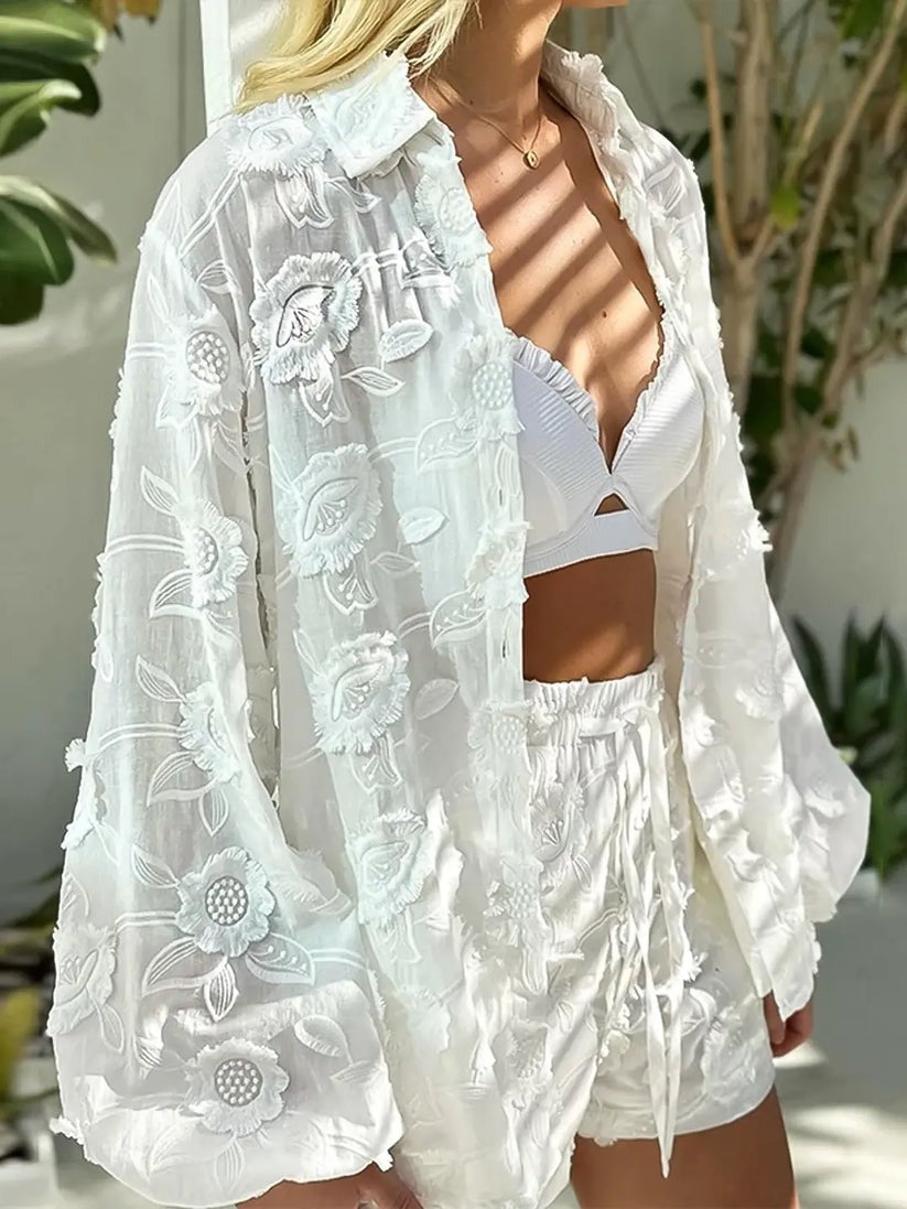 Women's Fashion Sexy White Lace Embroidery See-Through Shirt High Waist Shorts Two Piece Set 3