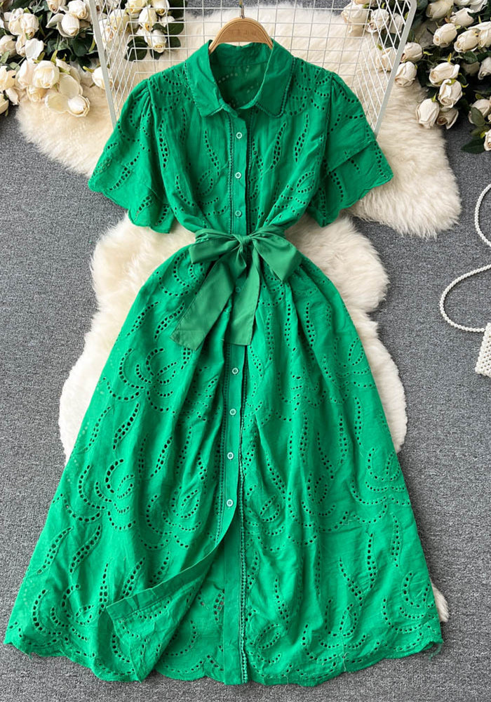 Women Turndown Collar Puff Sleeve Lace Hollow French Maxi Shirt Dress