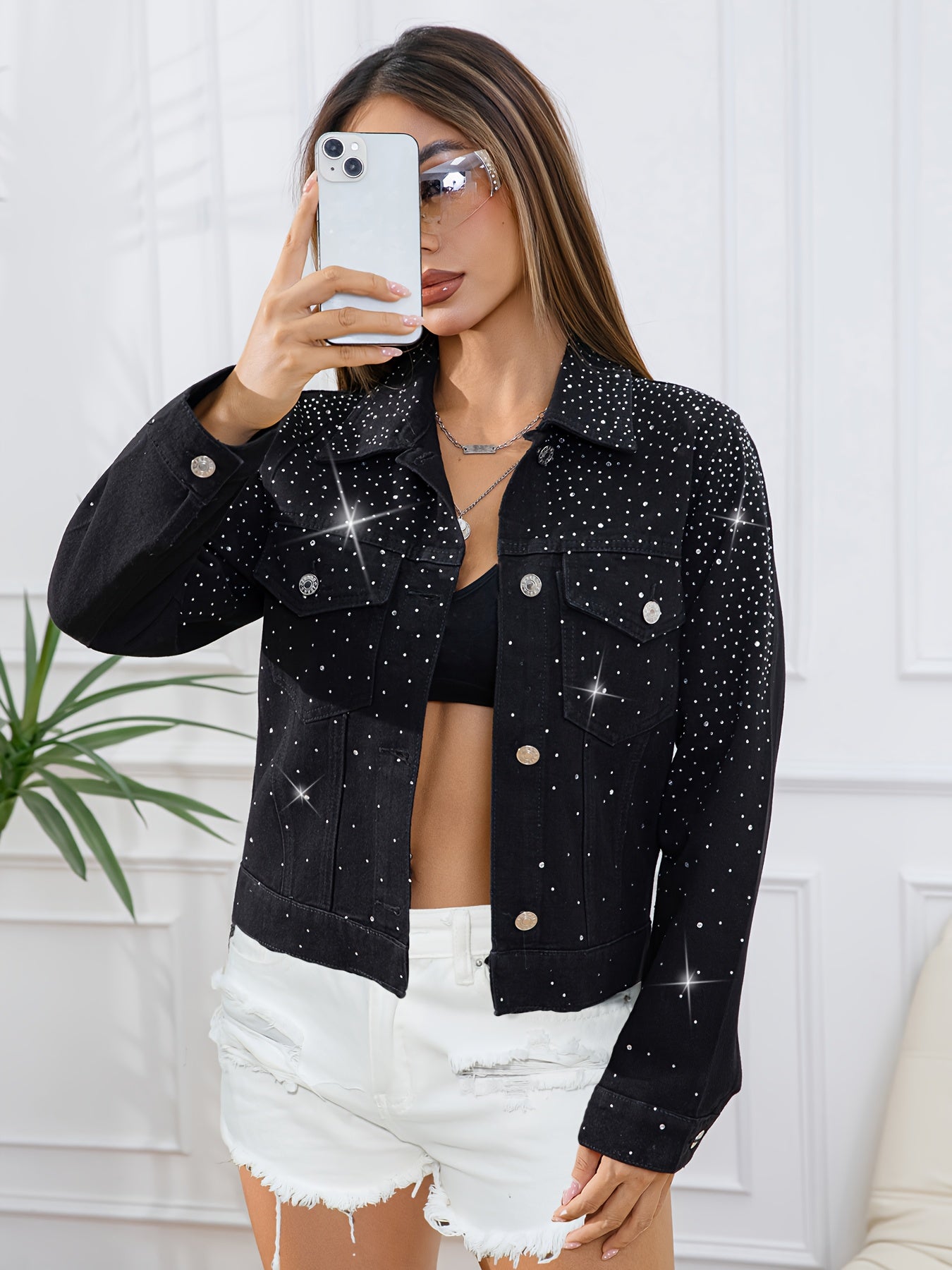 Women Multi-Rhinestone Pocket Black Long-Sleeved Denim Jacket 4