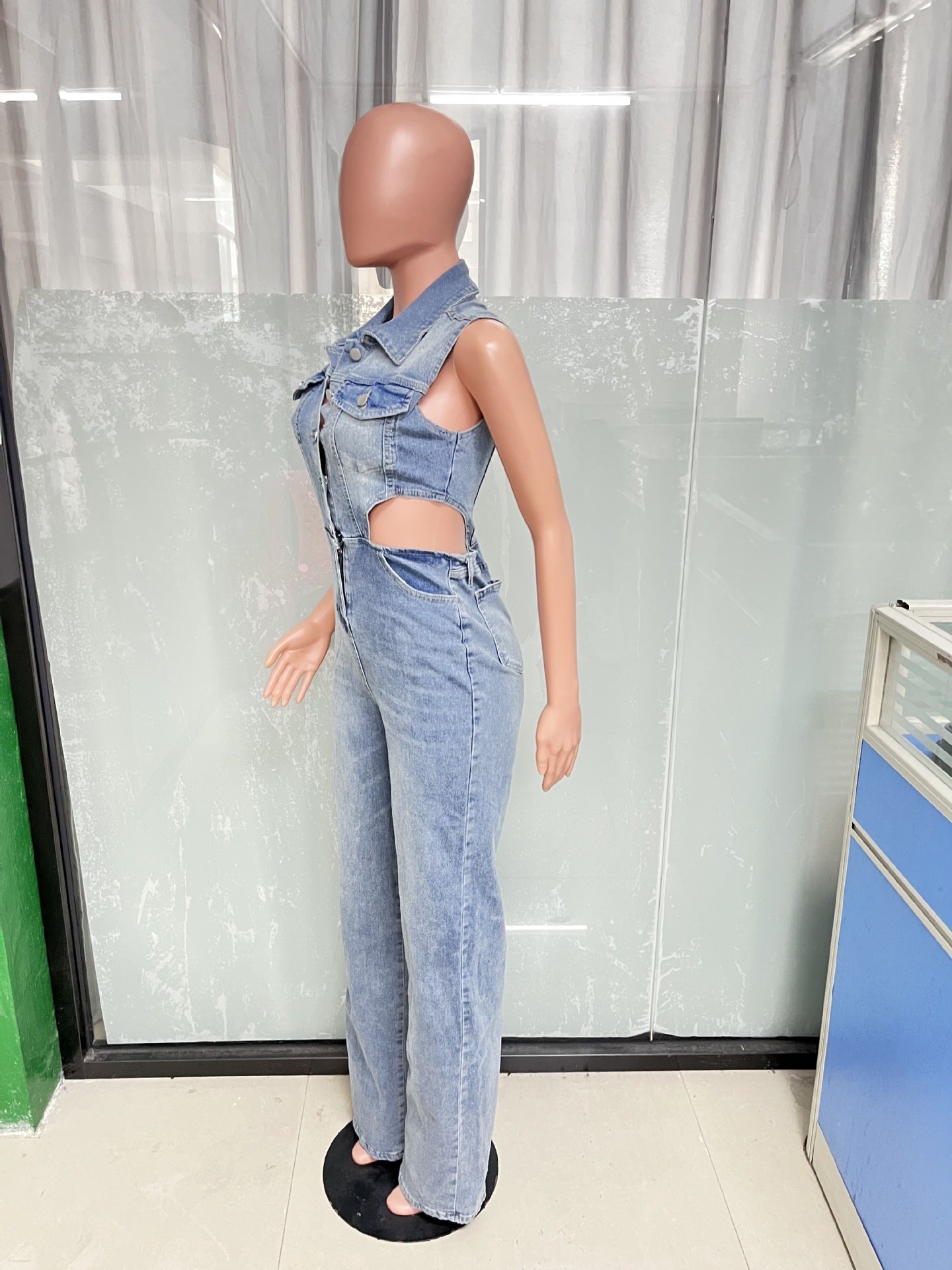 Tight Waist Slim Straight Loose Leg Washed Denim Jumpsuit 6