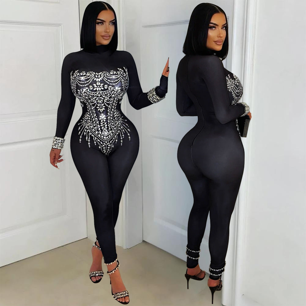 Long Sleeve Beaded Tight-Fitting Nightclub Women's Fashion Jumpsuit 3