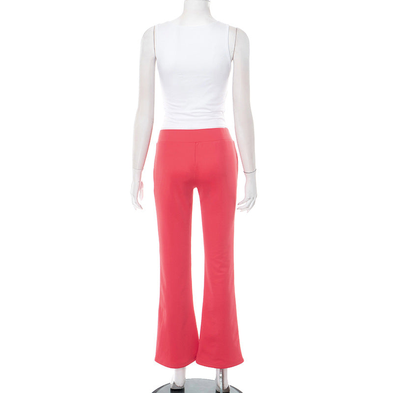 Women's Spring/Summer Round Neck Beaded Letter Print Vest Elastic High-Waist Bell Bottom Pants Two Piece Set 10