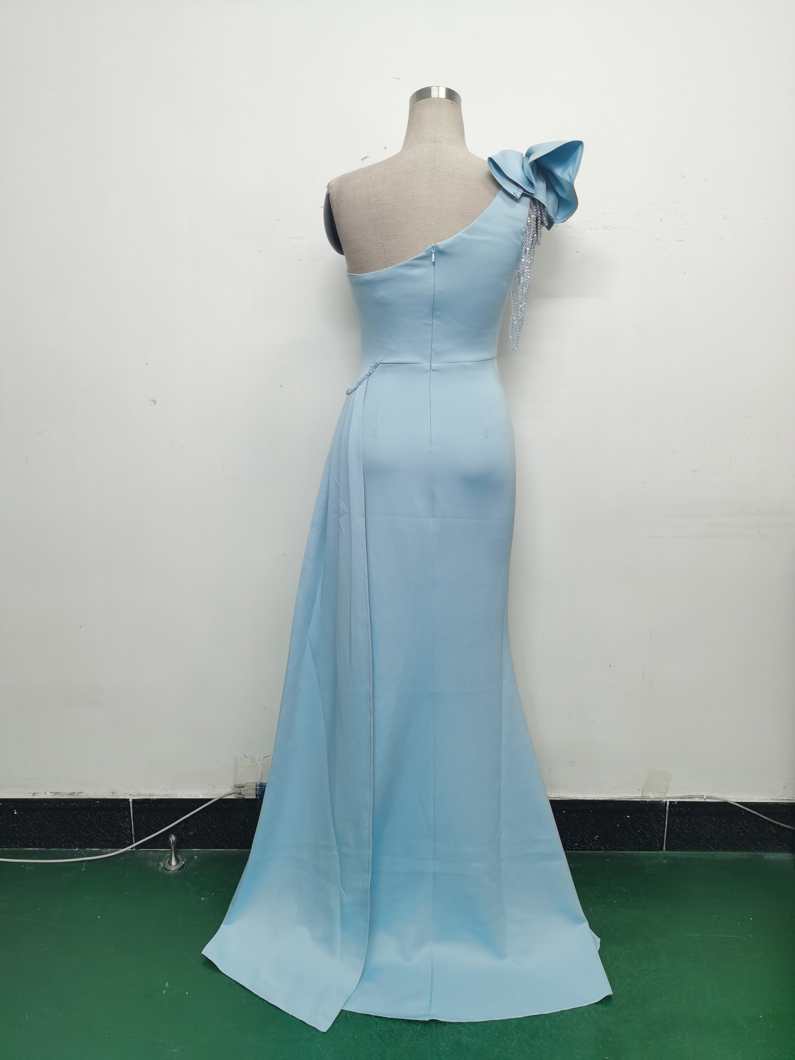 Women Beaded Flower Pleated Off-shoulder Split Evening Dress 27