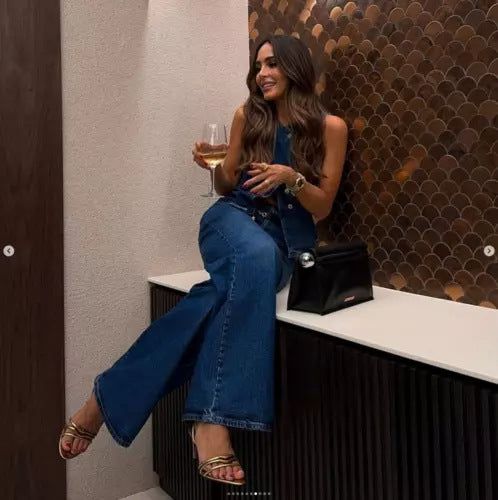 Women Spring Summer Sleeveless Vest Wide Leg Denim two-piece set 3