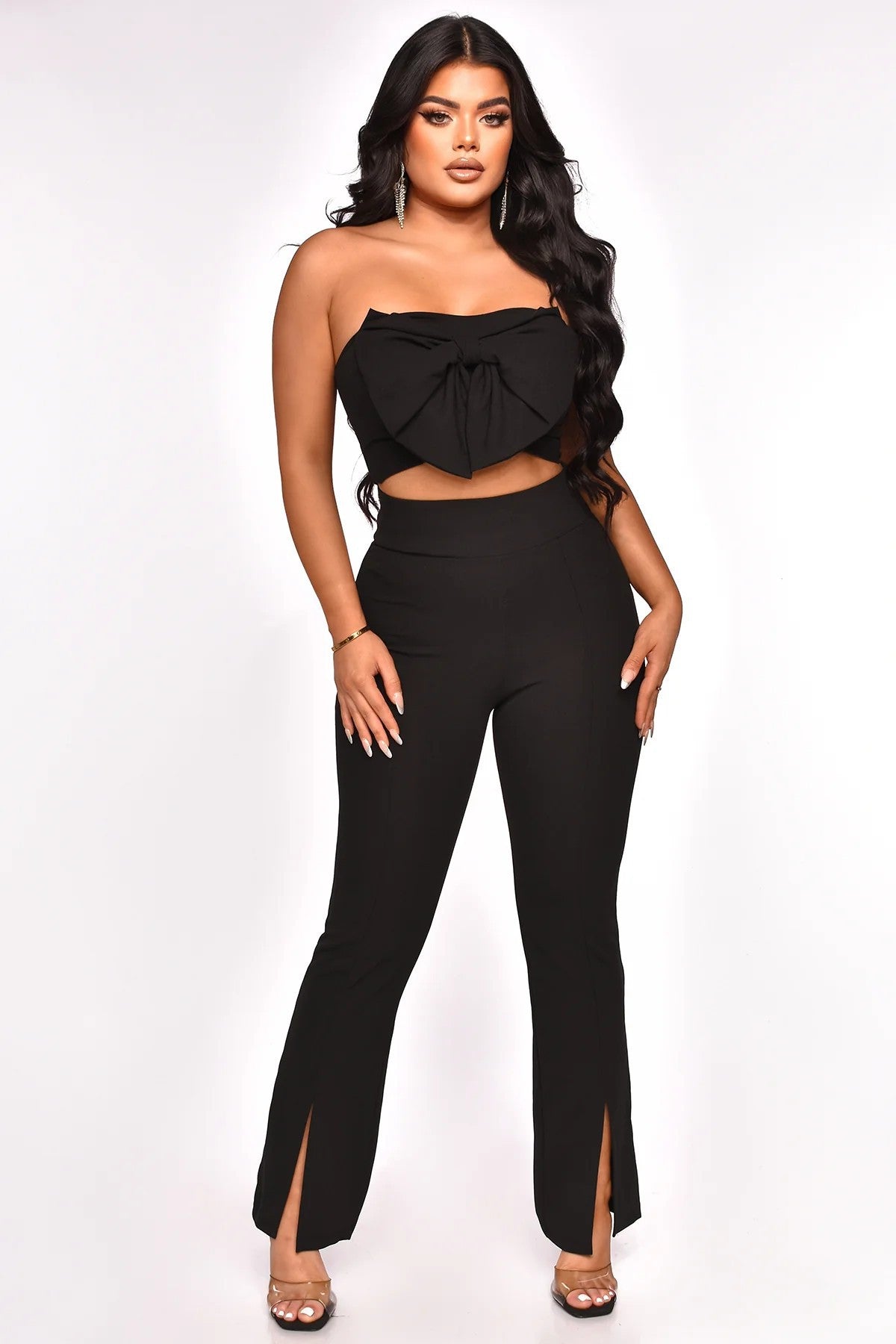 Sexy Solid Bow Tie Strapless Vest Fashion Slit Trousers Two-Piece Pants Set