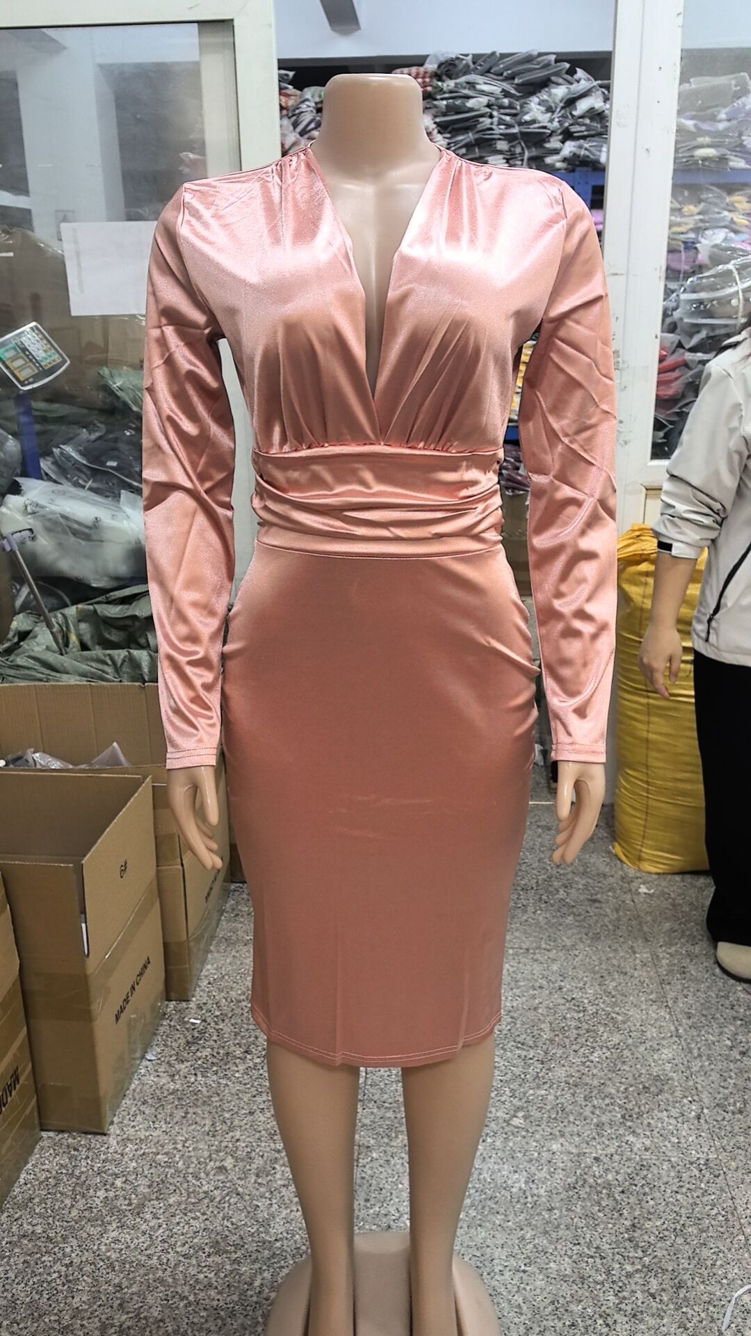 Women Sexy Solid Shiny Long Sleeve V-Neck Dress 18