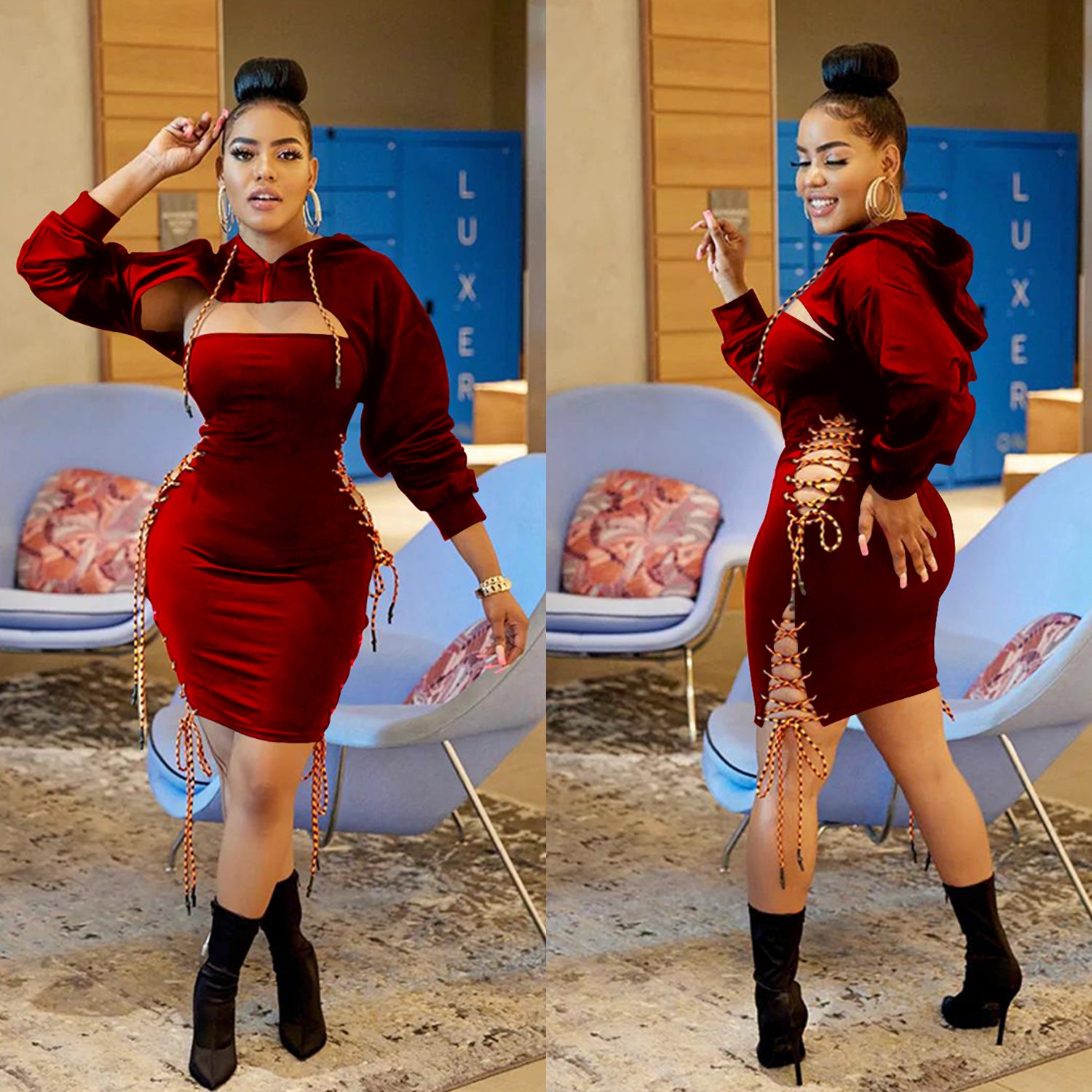 Women solid hooded long-sleeved tie dress