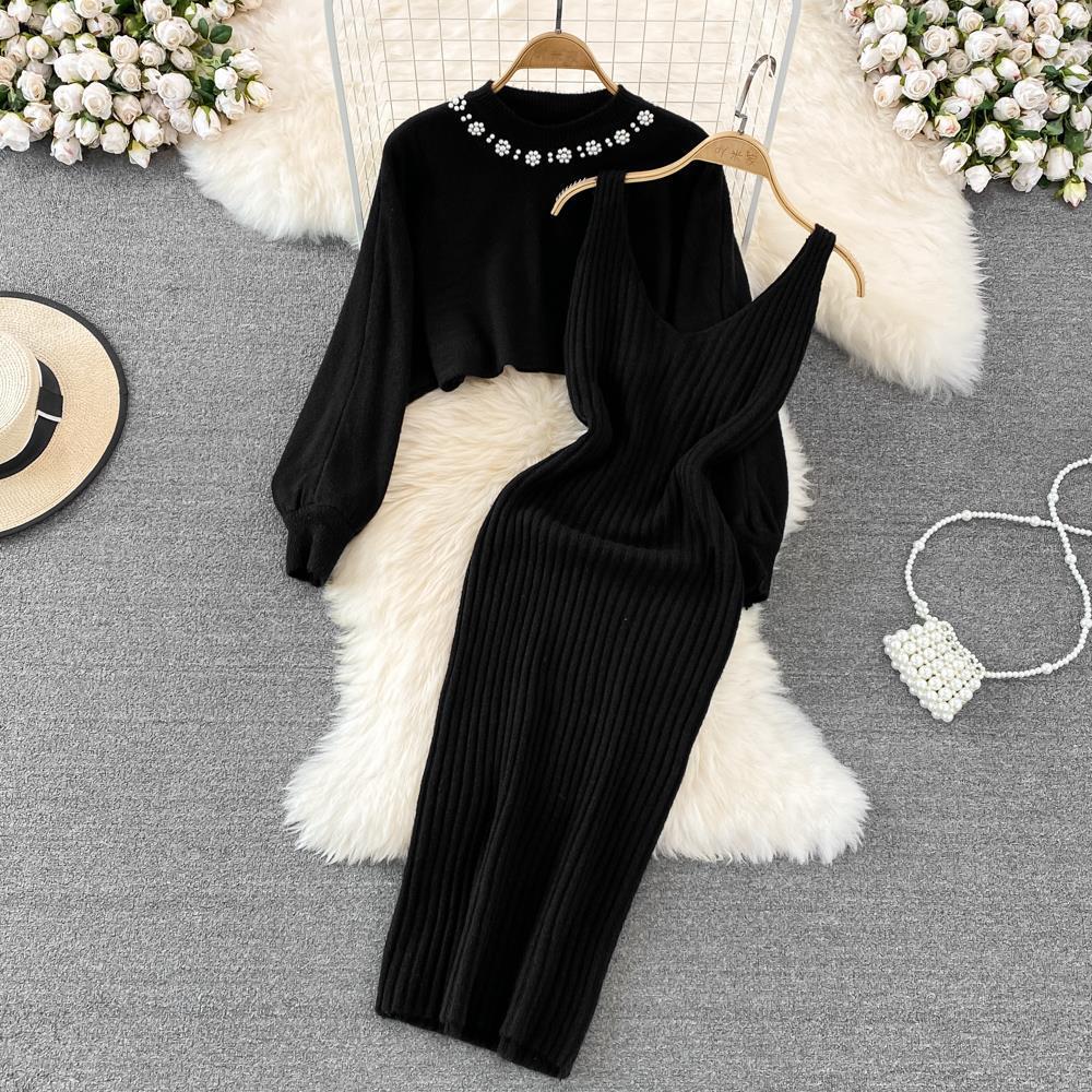 Autumn And Winter French Chic Beaded High-Waisted Sweater Dress Knitting Shirt Two-Piece Set 15